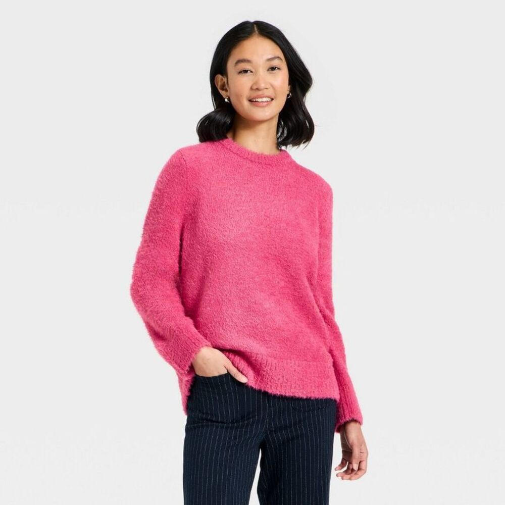 Women's Fuzzy Pullover Sweater - A New Day Pink M